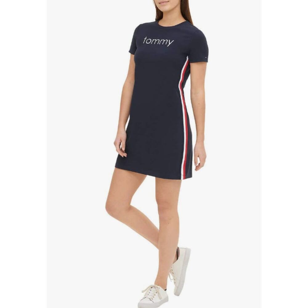 Tommy Hilfiger Embroidered Logo Jersey Pullover T-Shirt Dress Women Size S Blue
